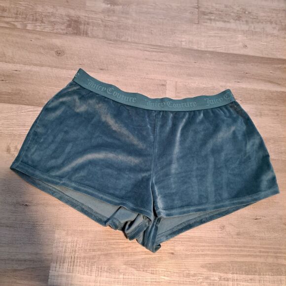 Juicy Couture Women’s Blue Velour Sleep Shorts Bling Booty Rhinestone Logo Large - Picture 2 of 10